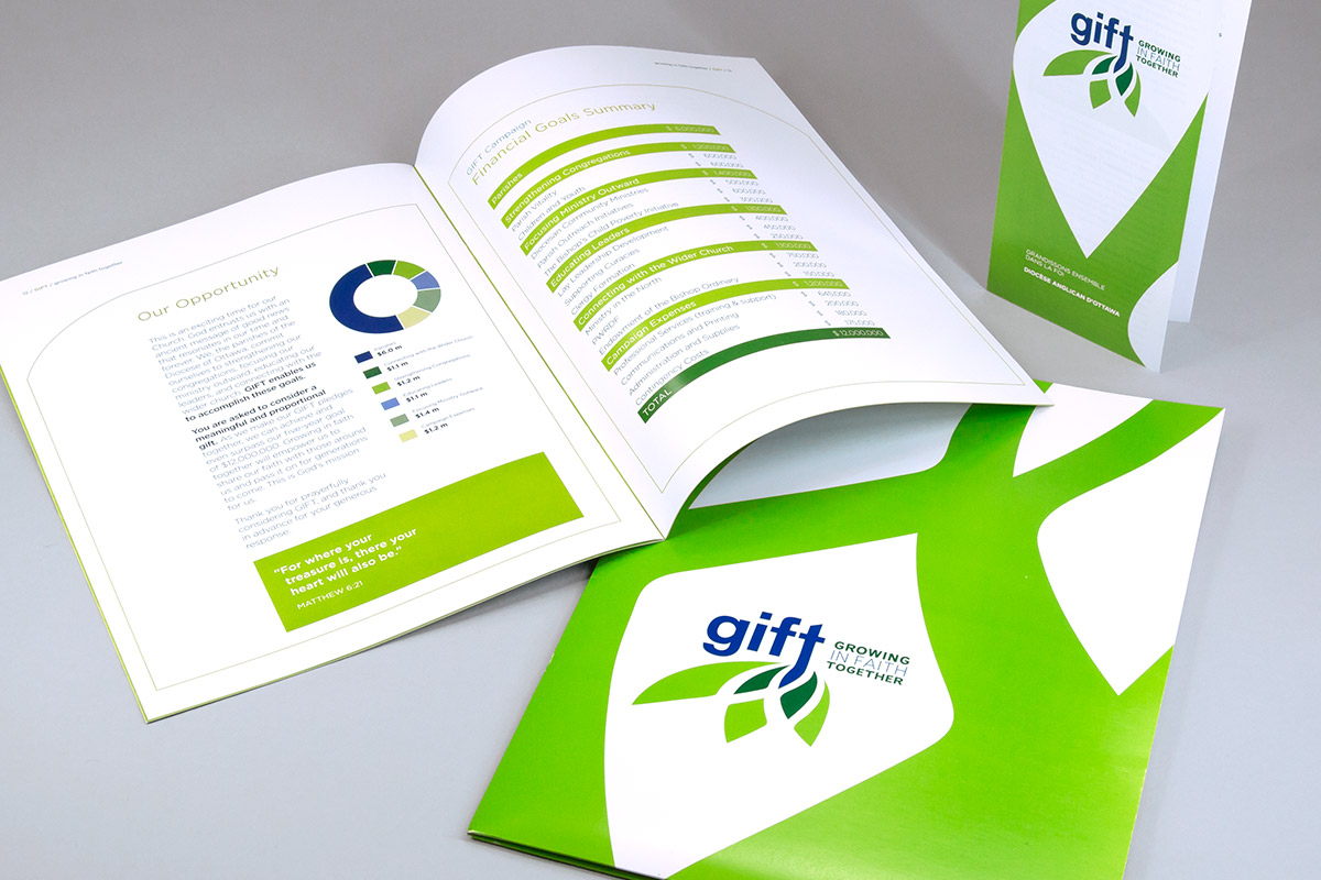 Campaign folder with open campaign case for support brochure and small brochure