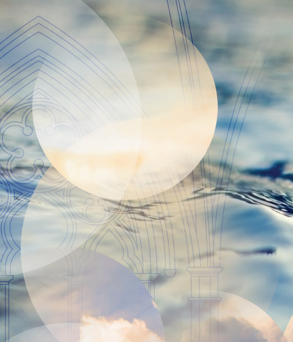 Close up of water, cathedral line drawing, and clouds imagery