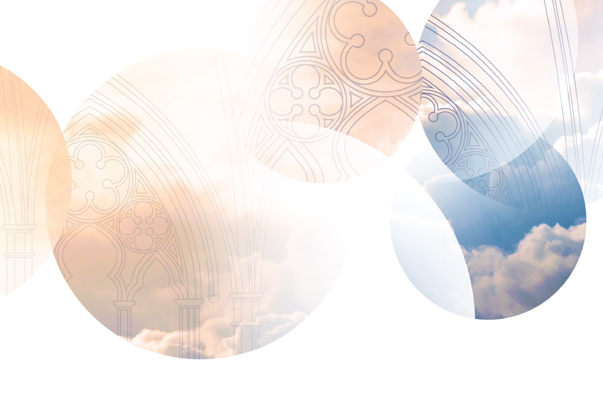 Close up of cathedral line drawings and clouds imagery in floating circles