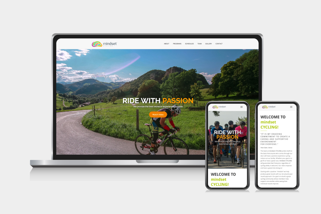 one-page website mockup on desktop and two smart phones
